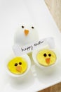 Boiled egg chickens with happy easter message Royalty Free Stock Photo
