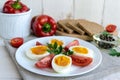 Boiled egg and fresh tomato, black bread - light diet breakfast Royalty Free Stock Photo