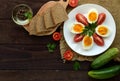 Boiled egg and fresh tomato, black bread - light diet breakfast. Royalty Free Stock Photo