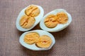 Boiled egg isolated on brown background cutout.easter