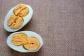 Boiled egg isolated on brown background cutout.easter