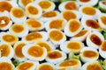 Boiled egg. medium-boiled egg. half-boiled egg. boiled egg on white dish. cooked egg. sliced in halves . health and food
