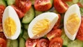 Boiled egg salad with cucumbers and tomatoes on a white plate with fork on the right side. Royalty Free Stock Photo