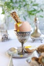 Boiled egg in a silver egg cup with toast