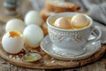 A boiled egg in a white cup with bread and a spoon on a wooden table, a closeup of half boiled eggs on the side. magritte sof Royalty Free Stock Photo