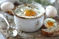 A boiled egg in a white cup with bread and a spoon on a wooden table, a closeup of half boiled eggs on the side. magritte sof Royalty Free Stock Photo