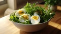 boiled eggs in a bowl with parsley leaves on top