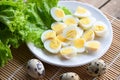 boiled eggs food, quail eggs on white plate, breakfast eggs with fresh quail eggs and vegetable coriander on wooden table