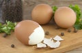 Boiled eggs, with parsley leaves. Cooking a salad with boiled eggs Royalty Free Stock Photo