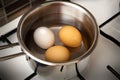 Boiled eggs in pot on the kitchen stove Royalty Free Stock Photo