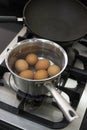 Boiled eggs in pot on the kitchen stove Royalty Free Stock Photo