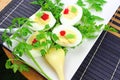 Boiled eggs with red caviar. Royalty Free Stock Photo