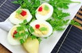 Boiled eggs with red caviar. Royalty Free Stock Photo