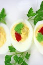 Boiled eggs with red caviar. Royalty Free Stock Photo