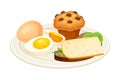 Boiled eggs, sandwich and muffin on plate. Tasty food dish for breakfast vector illustration Royalty Free Stock Photo