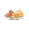 Boiled eggs and triangle sandwich with lettuce, slice of sausage, fresh tomato and cheese on plate. Flat vector icon of Royalty Free Stock Photo