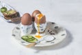 Boiled Eggs and Wholemeal Bread and Vegetables on White Rustic Royalty Free Stock Photo