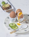 Boiled Eggs and Wholemeal Bread and Vegetables on White Rustic Royalty Free Stock Photo