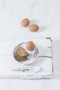 Boiled Eggs and Wholemeal Bread on White Rustic Background Royalty Free Stock Photo