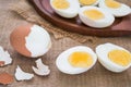 Boiled eggs and wooden plate Royalty Free Stock Photo