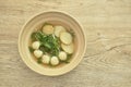 Boiled fish ball and line slice with bean sprout soup on bowl Royalty Free Stock Photo