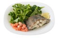 Boiled fish with shrimps and salad Royalty Free Stock Photo