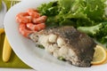 Boiled fish with shrimps and salad Royalty Free Stock Photo