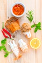 Boiled Flathead lobster, Lobster Moreton Bay bug, Oriental flathead lobster with herbs and spices sauce on wooden background.