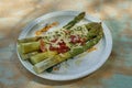 Boiled fresh green asparagus stalks with grated italian cheese. Royalty Free Stock Photo