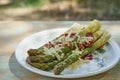 Boiled fresh green asparagus stalks with grated italian cheese and roasted spicy sausage. Royalty Free Stock Photo