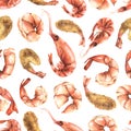 Boiled and fried peeled and unpeeled shrimp. Watercolor illustration. Seamless pattern on a white background from the Royalty Free Stock Photo