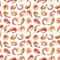 Boiled and fried peeled and unpeeled shrimp. Watercolor illustration. Seamless pattern on a white background from the Royalty Free Stock Photo