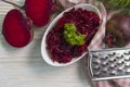 Boiled grated beetroot detox natural product cutting product selection a wooden background delicious