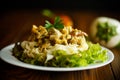 Boiled home-made noodles with gravy from eggplant Royalty Free Stock Photo