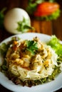Boiled home-made noodles with gravy from eggplant Royalty Free Stock Photo
