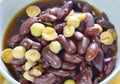 Boiled hot red bean and lotus seed in syrup on bowl Royalty Free Stock Photo