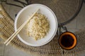 Boiled japan rice on straw background Royalty Free Stock Photo