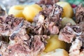 Boiled lamb meat and whole potatoes close up