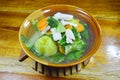 Boiled mixed vegetable with pork in mild soup on bowl Royalty Free Stock Photo