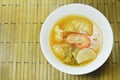 Boiled mixed vegetable topping shrimp Thai spicy soup on bowl Royalty Free Stock Photo