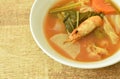 Boiled mixed vegetable topping shrimp Thai spicy soup on bowl Royalty Free Stock Photo