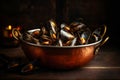 Boiled mussels in copper cooking dish on dark wooden background. AI generated. Royalty Free Stock Photo