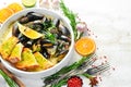 Boiled mussels in cream sauce and garlic. Top view. Royalty Free Stock Photo