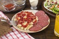 boiled pasta with ketchup Royalty Free Stock Photo