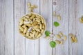 boiled peanuts on bamboo basket on wooden table background Royalty Free Stock Photo
