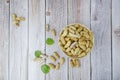 boiled peanuts on bamboo basket on wooden table background Royalty Free Stock Photo