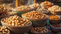 Boiled peanuts and snacks in market stall baskets. Royalty Free Stock Photo