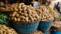 Boiled peanuts and snacks in market stall baskets. Royalty Free Stock Photo