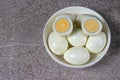 Boiled peeled eggs without shell. Ingredients for cooking.