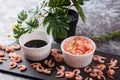 Boiled peeled shrimp with soy sauce on a plate. Royalty Free Stock Photo